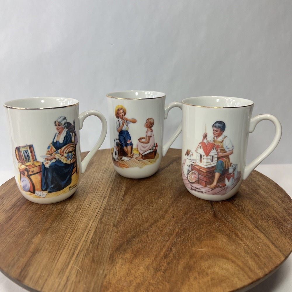 NORMAN ROCKWELL Museum 1982 Porcelain Coffee Tea Cup Mug Gold Trim. Set Of 3.